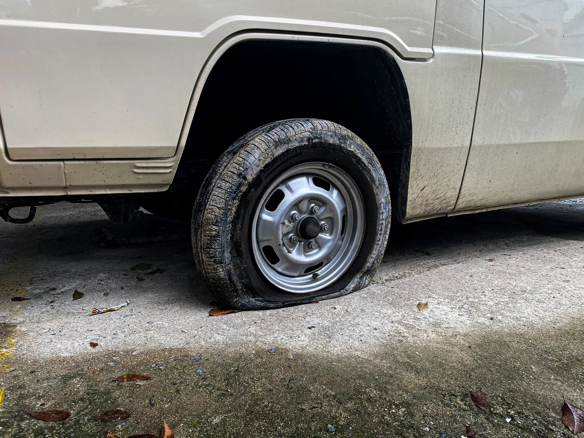 A flat tire on an RV.